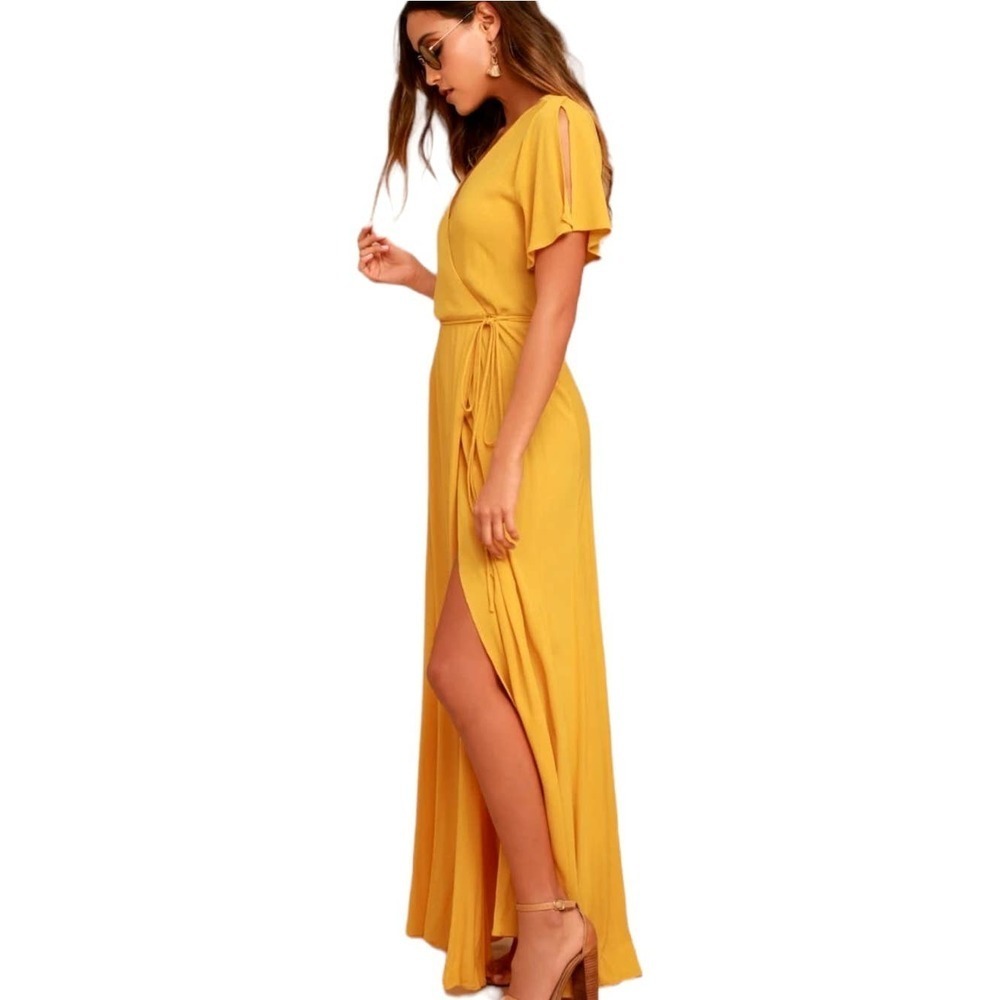 Lulus Much Obliged Mustard Yellow Crinkle Maxi Dress S Wrap Flutter Sleeve - Picture 3 of 13